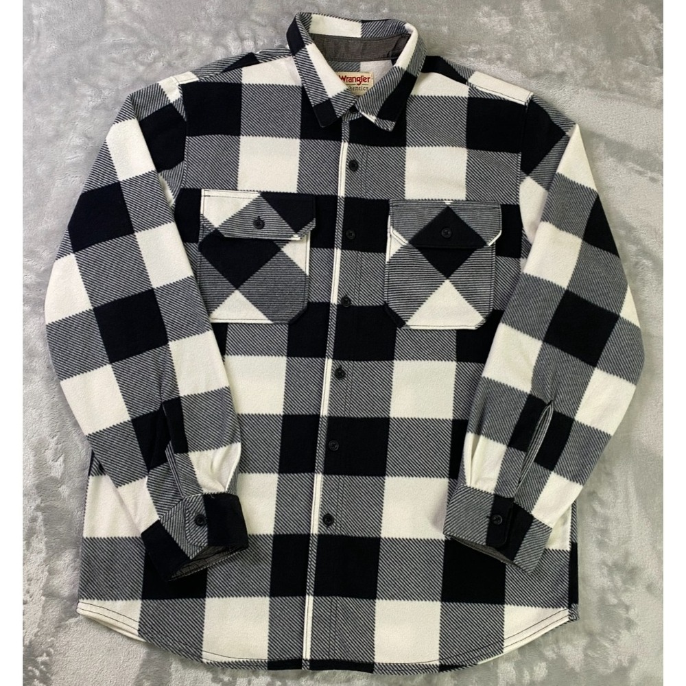 Wrangler Fleece Shirt Mens Large Black White Buffalo Plaid Long Sleeve Shacket